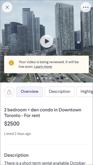 Example of the message received after posting your video in your listing