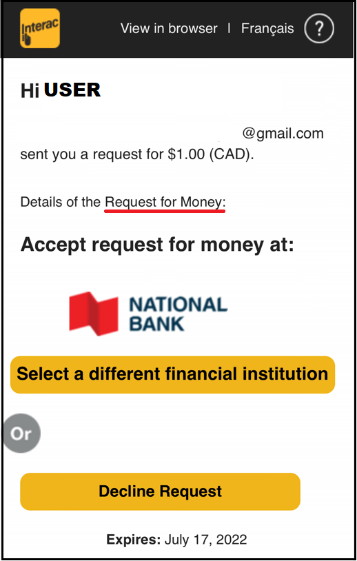 Example of Interac Money Request Email