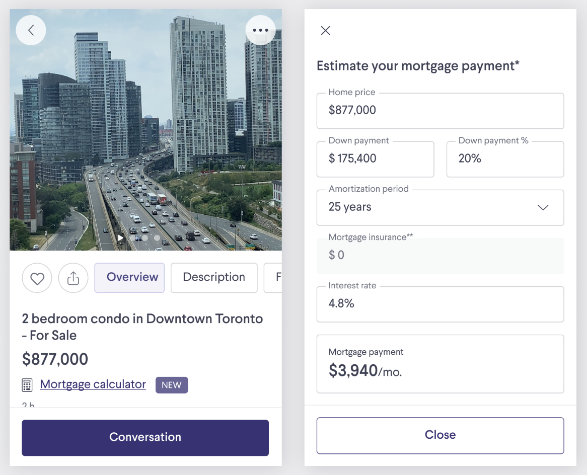 A screenshot of the mortgage calculator on the Kijiji app