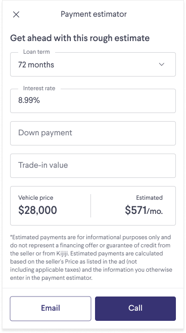 Example of the payment estimator page with appropriate variables