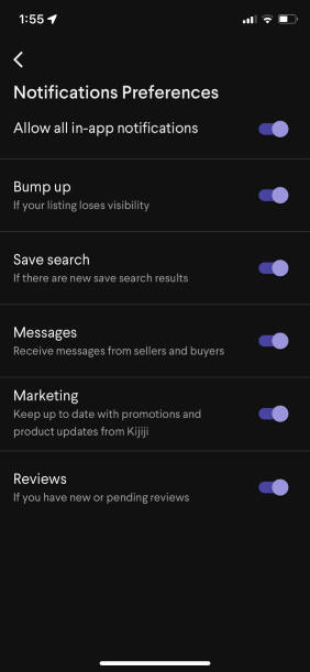 Notifications permissions on the Kijiji app